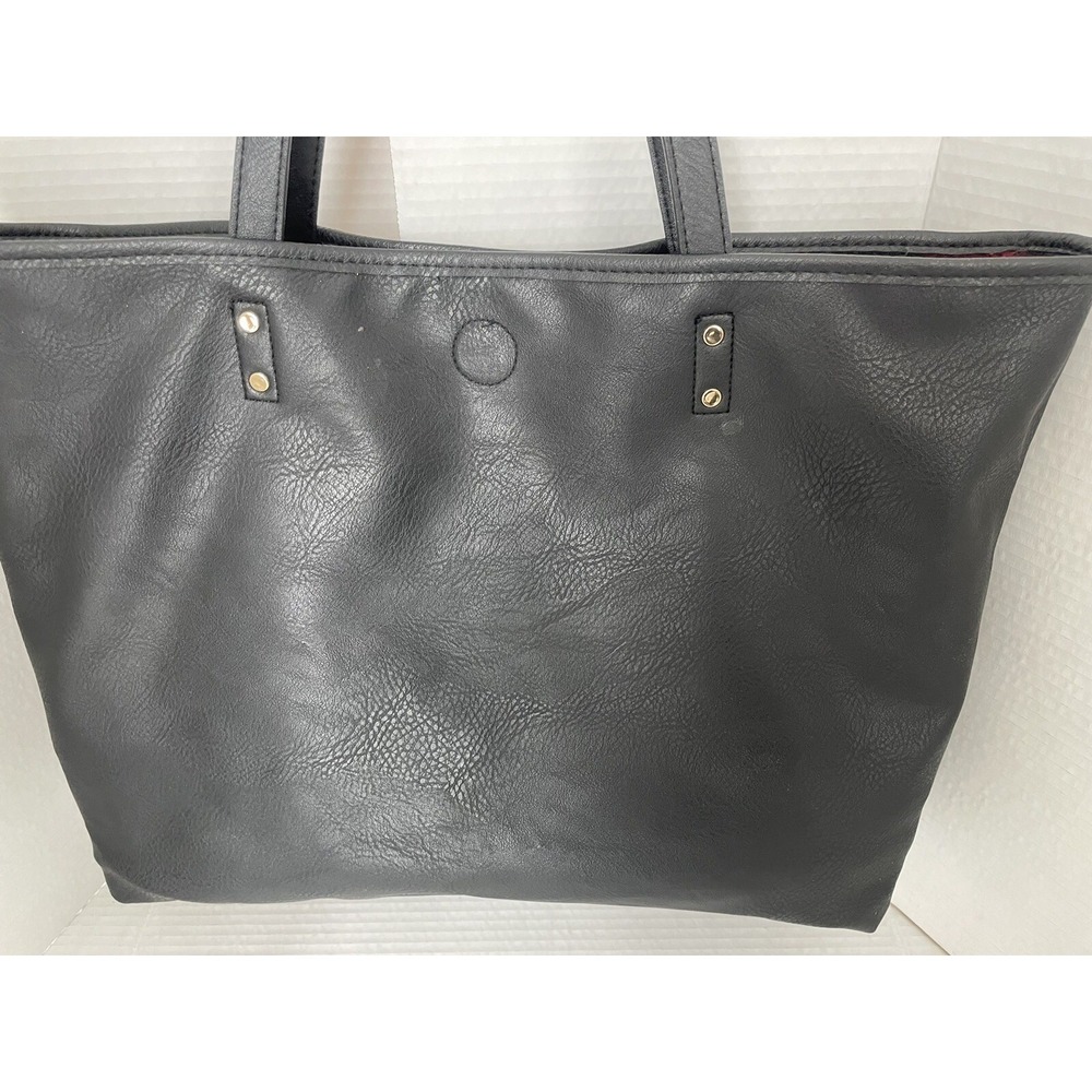 Under One Sky Reversible Black Faux Leather And Red Buffalo Plaid Strap Tote Bag - Picture 9 of 13